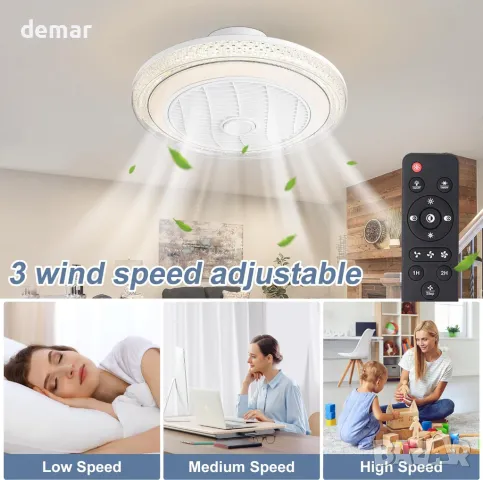 Вентилатор за таван със светлини RGB, 50 см модерен LED с дистанционно, 3 скорости, бял, снимка 5 - Лед осветление - 47411594