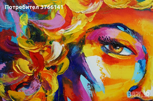 "Пъстрата муза" Картина 60х50см, Маслена живопис с шпакла, снимка 3 - Картини - 53563449