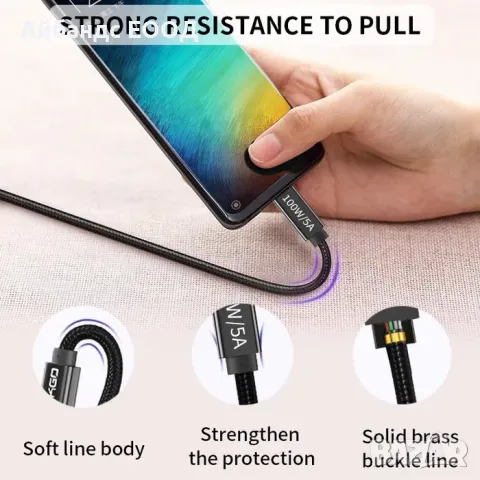 Висок клас 100W USB C плетен кабел за телефони и лаптопи, снимка 5 - USB кабели - 49411509