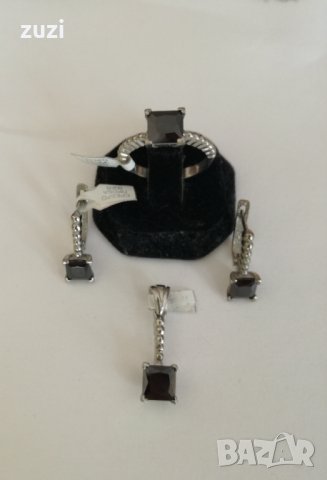 Сребърен комплект с черен циркони - обеци, висулка и пръстен. Сребро проба 925 ., снимка 4 - Бижутерийни комплекти - 38768827