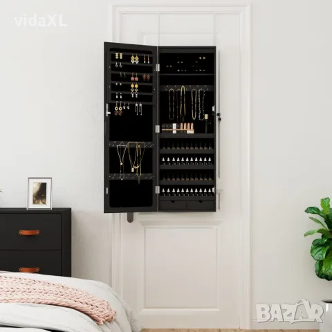 vidaXL Огледален шкаф за бижута с LED осветление, стенен монтаж, черен, снимка 3 - Огледала - 56147319