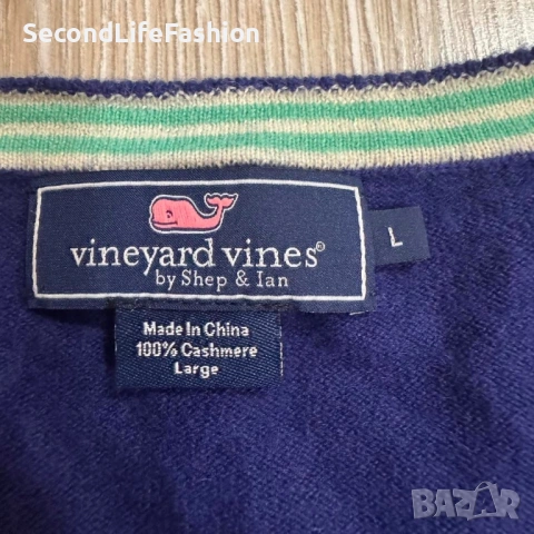 Мъжки кашмирен пуловер Vineyard Vines с V-образно деколте, син, размер L, снимка 2 - Пуловери - 53102054