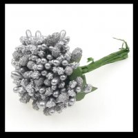 Сноп 10 бр сребърни захарни тичинки декоративни цветя бутониери декорация сватба ръчна изработка, снимка 1 - Други - 21636497
