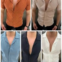 Мъжка едноцветна риза с копчета и къси ръкави, 5цвята - 023, снимка 1 - Ризи - 40890440