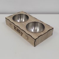 2 метални купички за храна и вода с дървена поставка - ПОДАРЪК гравиране на име, снимка 3 - Други стоки за животни - 41665934