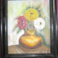 Картина -масло, картон ,ваза с цветя, 30х25см., снимка 1 - Картини - 39466569