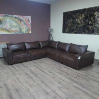 Дизайнерски кафяв кожен ъглов диван - 100 % естествена кожа, снимка 1 - Дивани и мека мебел - 42422750