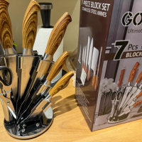 GOLTICH Комплект кухненски ножове от неръждаема стомана 7 части с акрилна въртяща се стойка и точило, снимка 7 - Прибори за хранене, готвене и сервиране - 44798163