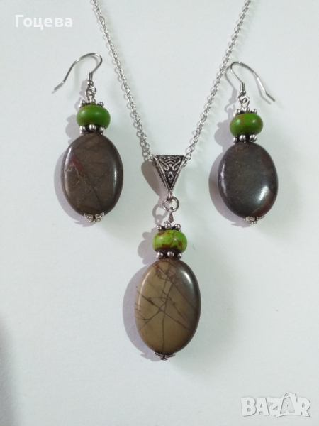 Красив комплект бижута с голям Яспис Пикасо и зелен Хаулит с красиви орнаменти в цвят Сребро , снимка 1
