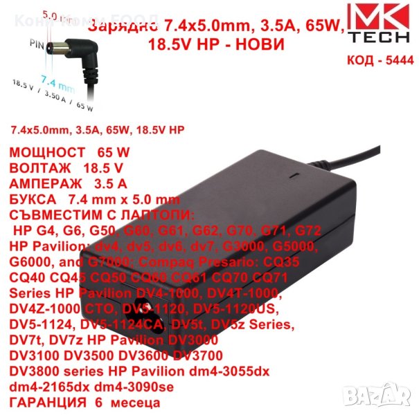 Зарядно 7.4x5.0mm, 3.5A, 65W, 18.5V HP 26.00лв, снимка 1
