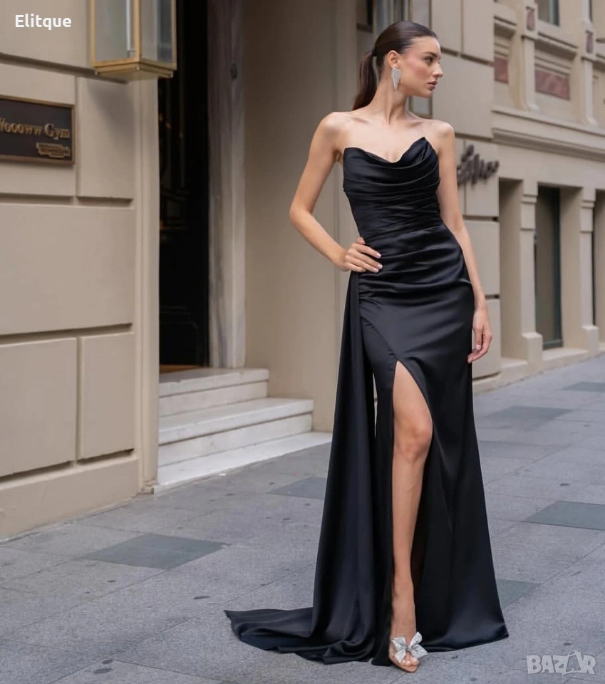 дълга сатенена рокля с цепка , снимка 1