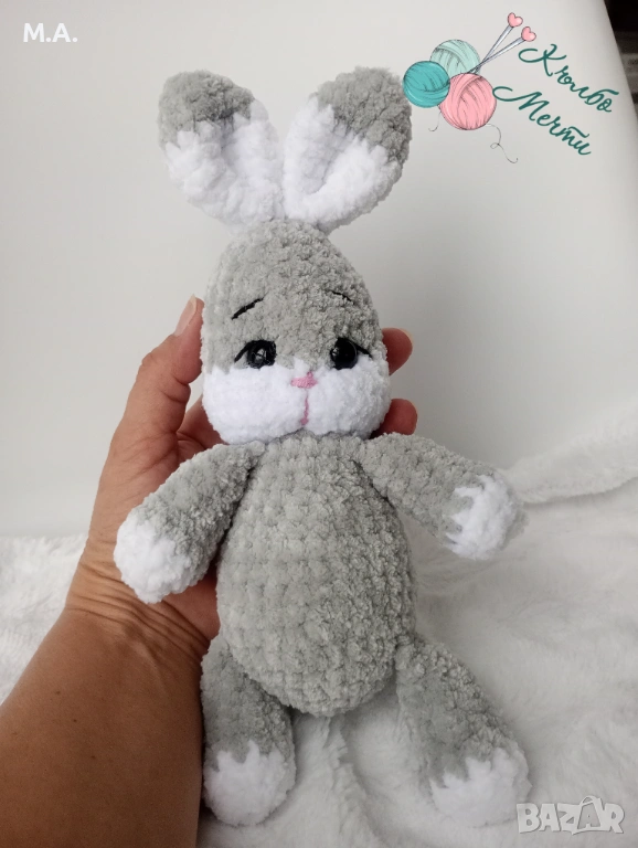 Сиво плюшено Зайче - плетена играчка , снимка 1