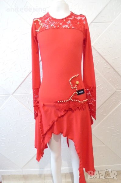 Червена детска рокля за спортни танци с дантела, снимка 1