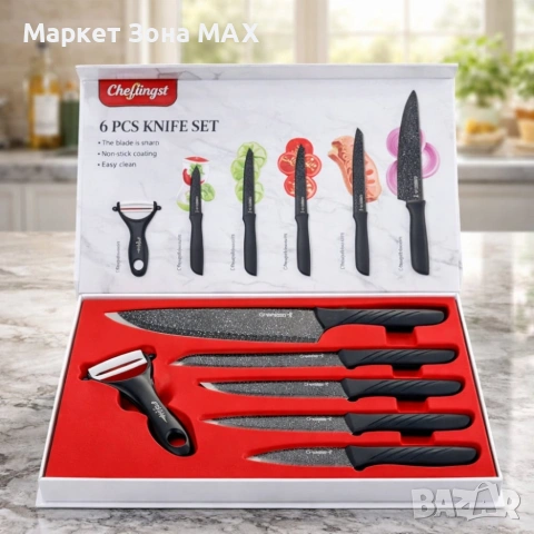 Комплект кухненски н о ж о в е Cheffinger MB09 – 6 части с мраморно покритие и магнитна кутия, снимка 5 - Други - 53265845