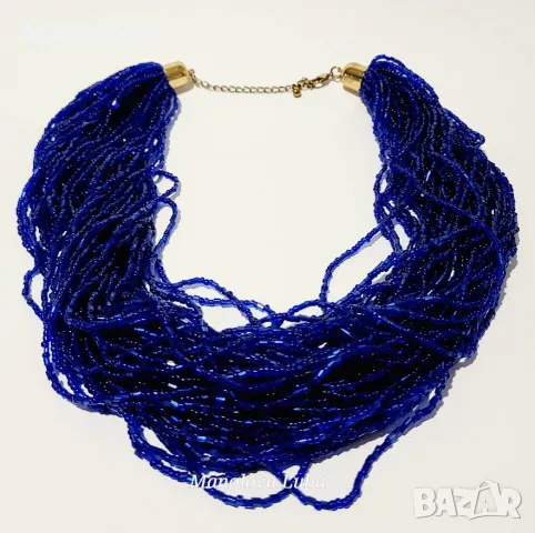 Винтидж ръчно изработено колие с множество нишки кобалтово сини стъклени мъниста., снимка 6 - Колиета, медальони, синджири - 49230209