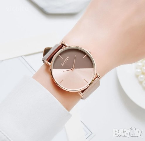 Страхотен нов двуцветен дамски часовник с кожена каишка в кафяв и бежов цвят , снимка 2 - Дамски - 42598295