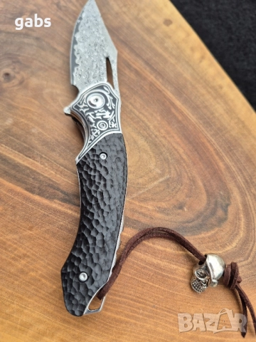 Уникален сгъваем нож дамаска стомана с кожена кания, снимка 11 - Ножове - 52325439