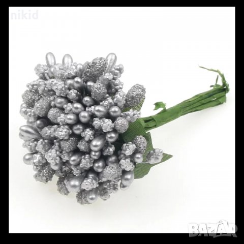 Сноп 10 бр сребърни захарни тичинки декоративни цветя бутониери декорация сватба ръчна изработка, снимка 1 - Други - 21636497