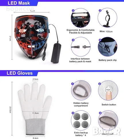 Светеща LED маска за Хелоуин AnanBros, снимка 6 - Други - 55851745