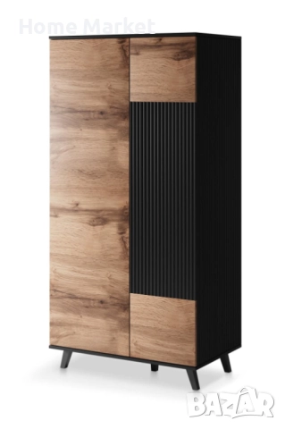 Гардероб RANDOM S-1 двукрил дъб вотан/черно  Материал - фурнирован МДФ/фурнирована мебелна плоскост/, снимка 2 - Гардероби - 51620263