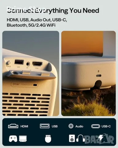 Преносим смарт проектор Aurzen D1 Air, Native 1080P, Dolby Audio, Двубандов Wi-Fi, USB-C захранване, снимка 7 - Плейъри, домашно кино, прожектори - 56077715