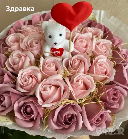 Букет от сапунени рози +мече със сърце , снимка 2 - Подаръци за жени - 48877147