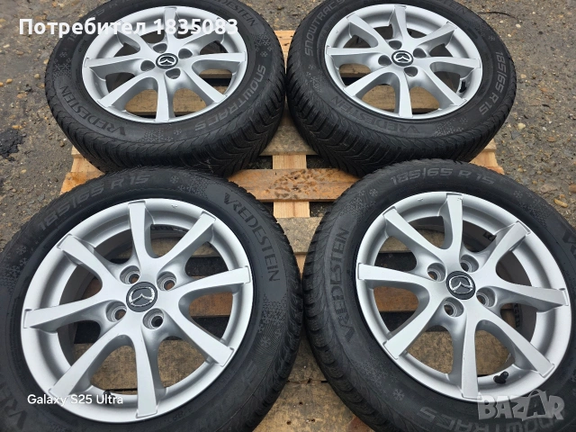 Лети джанти 15ки 4х100 Mazda + зимни гуми 185/65/15 Vredestein, снимка 3 - Гуми и джанти - 53425590
