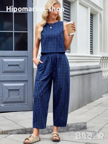 Стилен дамски комплект от две части: Кариран топ и панталон в Тъмносиньо - Hipomarket.shop