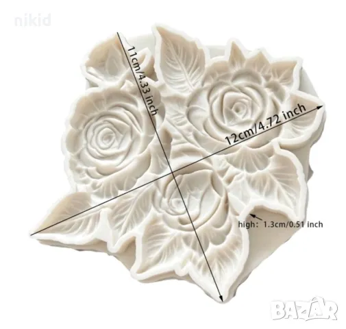 4 големи рози и листа пано силиконов молд форма фондан шоколад гипс декор, снимка 2 - Форми - 49071030