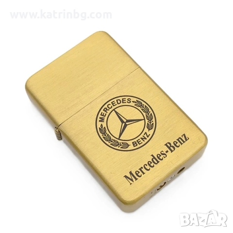 Стилен подарък за мъж Мерцедес – метална златиста запалка и ключодържател от естествена кожа, снимка 3 - Подаръци за мъже - 51641501