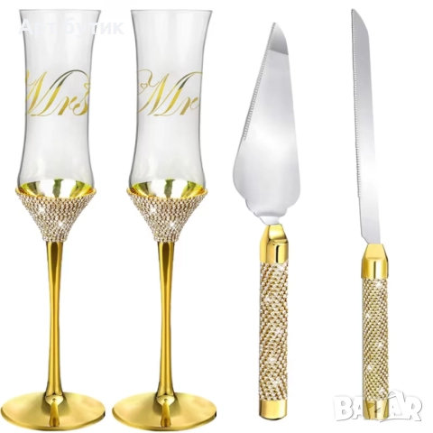 Луксозен комплект от 4 броя -  чаши и  прибори за торта , снимка 4 - Декорация - 52585562