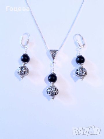 Разкошни обеци с камъни Черен диамант и фини филигранни орнаменти в цвят сребро , снимка 7 - Обеци - 41819201