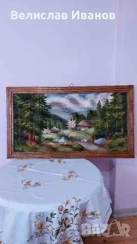 Стар антикварен гоблен с дъбова рамка. Пейзаж Алпите. Перфектно състояние., снимка 1