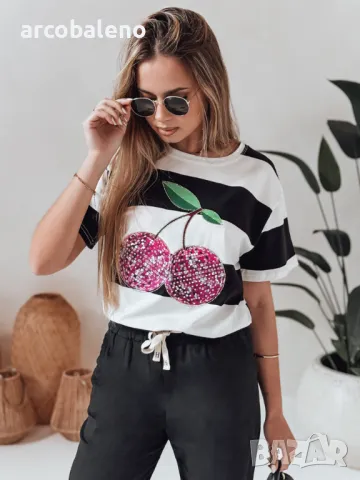 Дамска овърсайз тениска на райе SWEET DISCO, 2цвята , снимка 2 - Тениски - 49970269