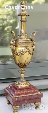 чифт2бр Франция 1800-те/42см-8кг/стари френски пиедестални вази с дръжки/бронз-мрамор, снимка 2 - Антикварни и старинни предмети - 55846731