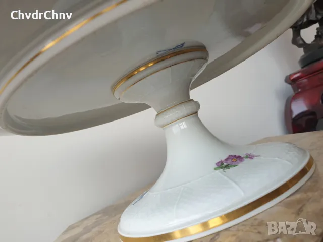 Meissen пиедестална тортиера 34см/голяма стара Майсен порцеланова чиния за торта-сладки, снимка 7 - Антикварни и старинни предмети - 50235530