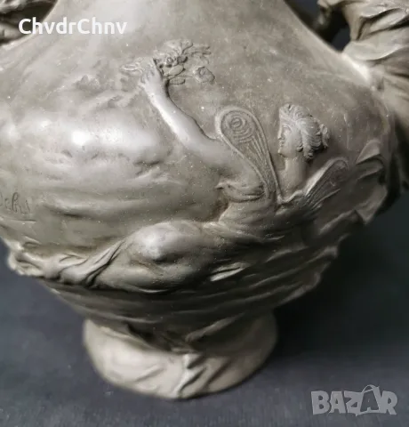 Франция 1900-те/28см-5кг/стара френска фигурална ваза с феи/калай, снимка 8 - Вази - 55846201