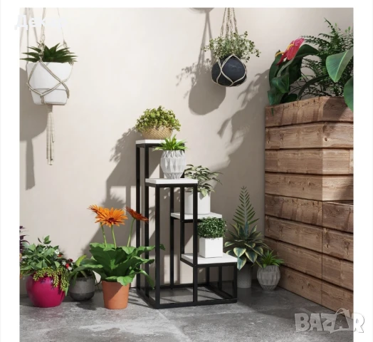 Поставка за растения, 4 нива, дърво и стомана, бяло и черно, 34x34x70, снимка 3 - Стайни растения - 50982587
