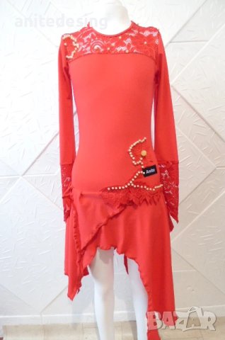 Червена детска рокля за спортни танци с дантела