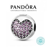 Талисман Pandora Пандора сребро 925 Pink Pave Heart Clips. Колекция Amélie, снимка 1 - Гривни - 39568482