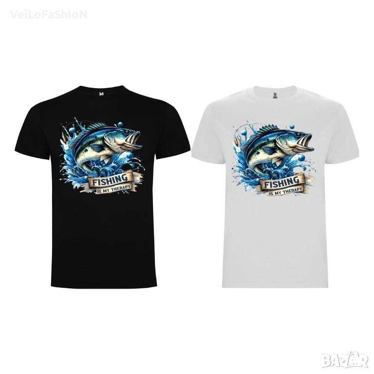 Нова мъжка тениска FISHING is my THERAPY в бял или черен цвят , снимка 1