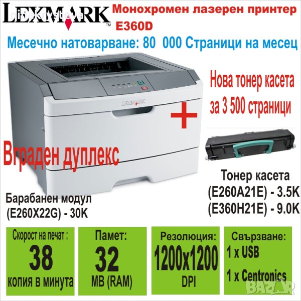 Лазерен принтер Lexmark E360D+Нова Тонер Касета,Дуплекс, снимка 1