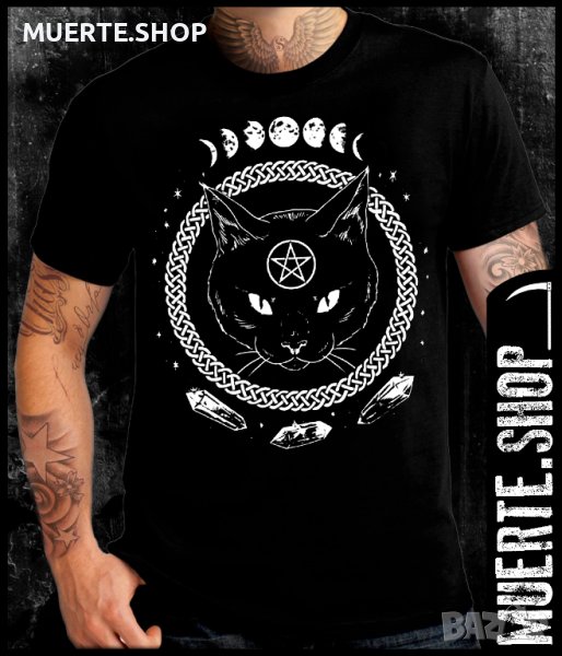Черна тениска с щампа CAT MOON PHASES, снимка 1