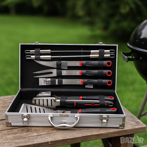 Луксозен комплект от 11 инструмента за барбекю в алуминиев куфар, снимка 1