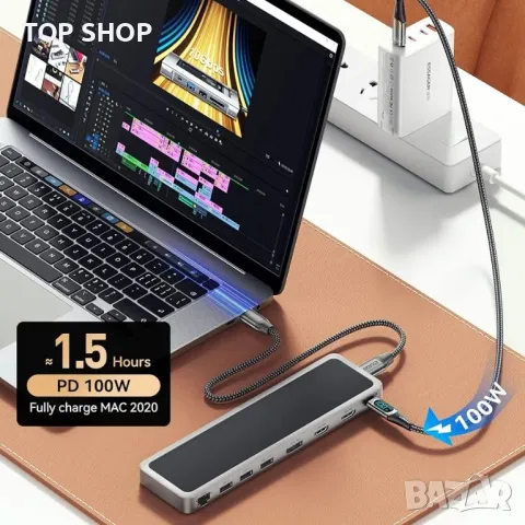12 в 1 USB C хъб, USB-C докинг станция за лаптоп, троен дисплей тип C адаптер,, снимка 3 - Кабели и адаптери - 48747618