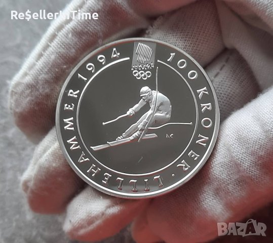 Възпоменателна сребърна монета 100 Kroner - Harald V 1994 Olympics - Alpine Skiing, снимка 2 - Нумизматика и бонистика - 42201656