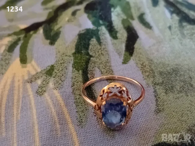 Старинен златен пръстен ръчна изработка със син  топаз, снимка 2 - Пръстени - 49021451