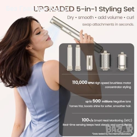 Нов сешоар 5 в 1 въздушен стайлер 110000RPM коса къдрици обем йони 500M, снимка 8 - Други - 53566063