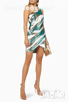  Elisabetta Franchi One-Shoulder Sequin къса парти официална коктейлна рокля пайети аквамарин 