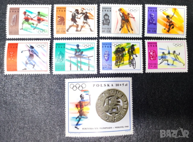 Полша, 1968 г. - лот марки на теми спорт, приказки, изкуство, лов, животни, цветя, самолети и др., снимка 7 - Филателия - 53302607